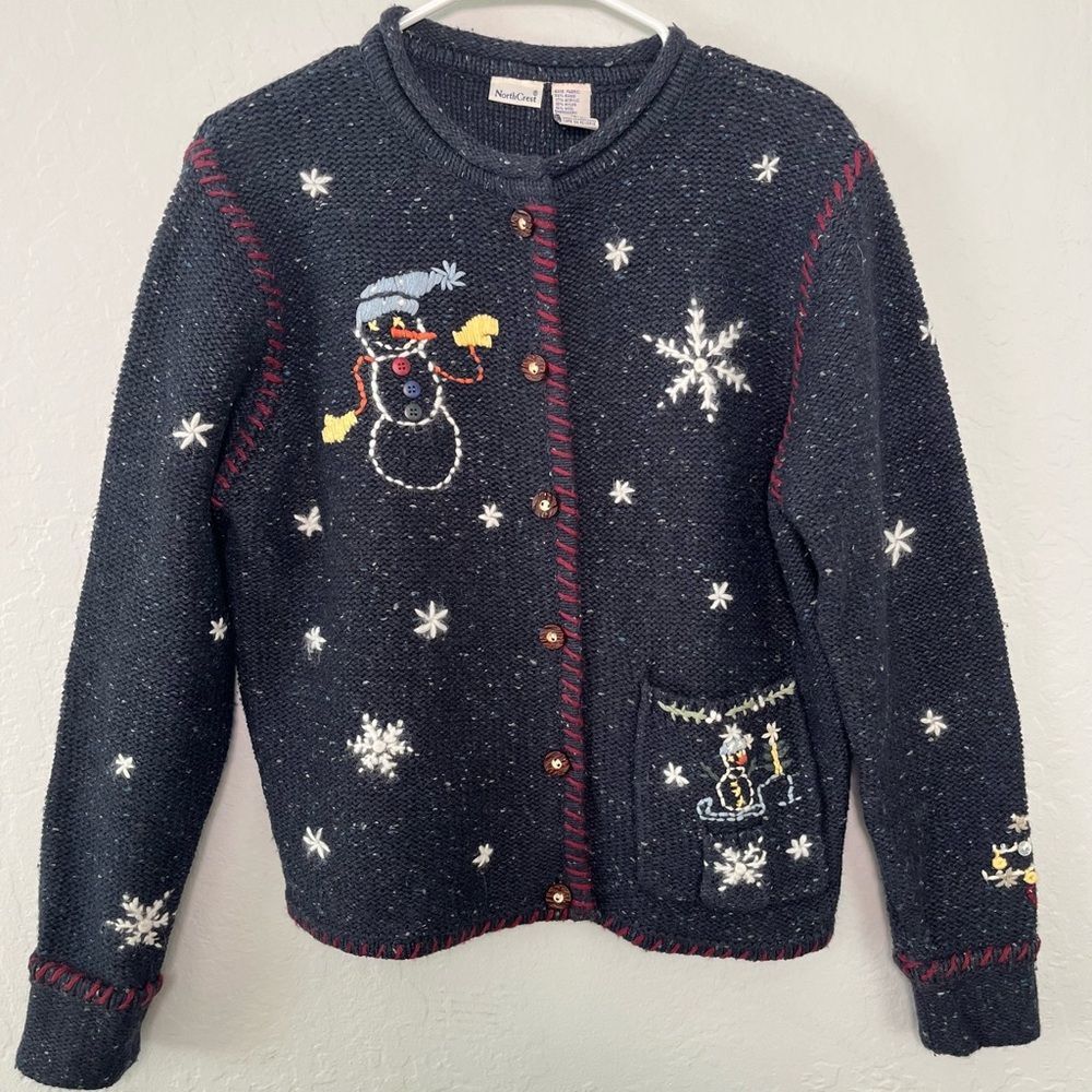 Vintage Northcrest Snowman Cardigan Sweater S Navy Blue Knit Cozy 90's Retro